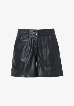 Mustat tekonahkashortsit rentoa leikkausta, joissa on joustava vyötärö, kaksi nappia ja tekstuuroitu pinta.