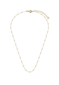 Naszyjnik w kolorze złotym z małymi, okrągłymi koralikami równomiernie rozmieszczonymi wzdłuż delikatnego łańcuszka, z zapięciem na homara i regulowanym przedłużeniem.