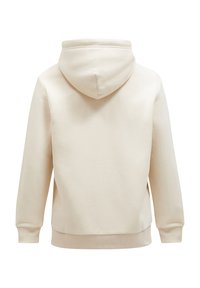 Hættebluse i lyse beige med en glat tekstur, ribbede manchetter og kant, samt en kængurulommedesign foran.