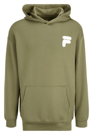 Olivově zelená mikina vyrobená z měkké tkaniny, s klokankou, žebrovanými manžetami a bílým výšivkovým logem na levé hrudi.