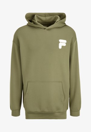 Olive roheline kapuutsiga sviiter, valmistatud pehmest kangast, millel on kaenlaauk, soonikkoes varrukad ja valge tikandiga logo vasakul rinnal.