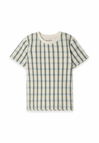 Kortærmet t-shirt i creme med et grønt og blåt ternet mønster. Har en ribbet rund halsudskæring og blødt, struktureret stof.