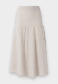 Beige knelange skjørt laget av myk, teksturert stoff med foret midje og utsvingt bunn, med et subtilt, lagdelt design.