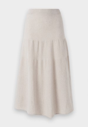 Beige knee-length skirt made of soft, textured fabric with a fitted waist and flared bottom, featuring a subtle, tiered design.