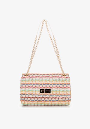 Woven clutch bag with multicolored scallop pattern, gold chain strap, and black metal logo accent. Textured fabric and rectangular shape.