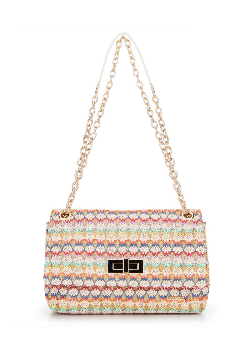 Woven clutch bag with multicolored scallop pattern, gold chain strap, and black metal logo accent. Textured fabric and rectangular shape.