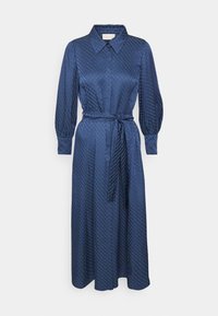 Mörkblå, långärmad skjortklänning i texturerad tyg, med krage, knäppning framtill och midjeband för en figursydd passform.