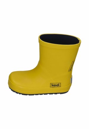 Gelbe Gummi-Stiefel bis zum Knöchel mit glatter Oberfläche, schwarzem Innenfutter und strukturiertem schwarzen Profil. Verfügt über ein kleines Logo an der Seite.
