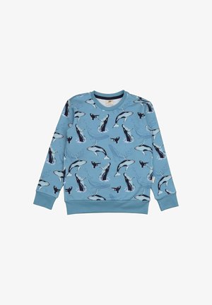 Blaues Sweatshirt mit einem Muster aus verschiedenen Walen, mit Rundhalsausschnitt und gerippten Bündchen. Hergestellt aus weichem Stoff mit glatter Textur.