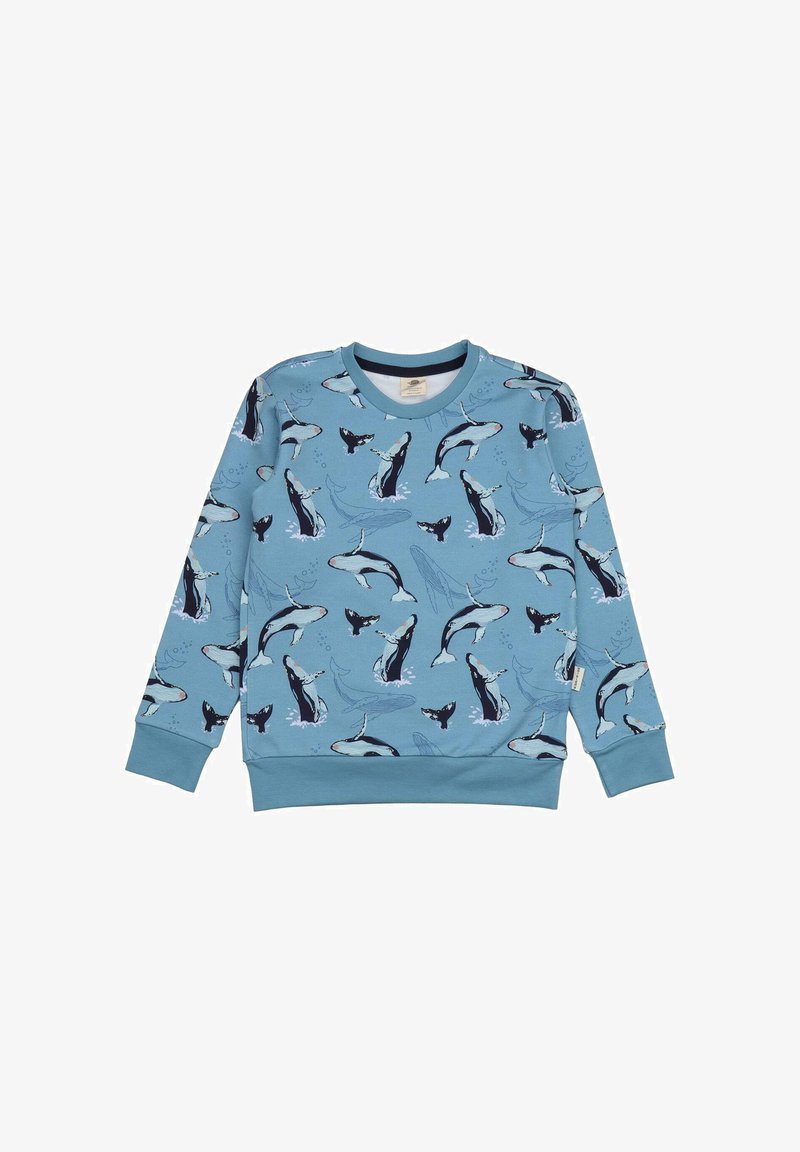 Blaues Sweatshirt mit einem Muster aus verschiedenen Walen, mit Rundhalsausschnitt und gerippten Bündchen. Hergestellt aus weichem Stoff mit glatter Textur.