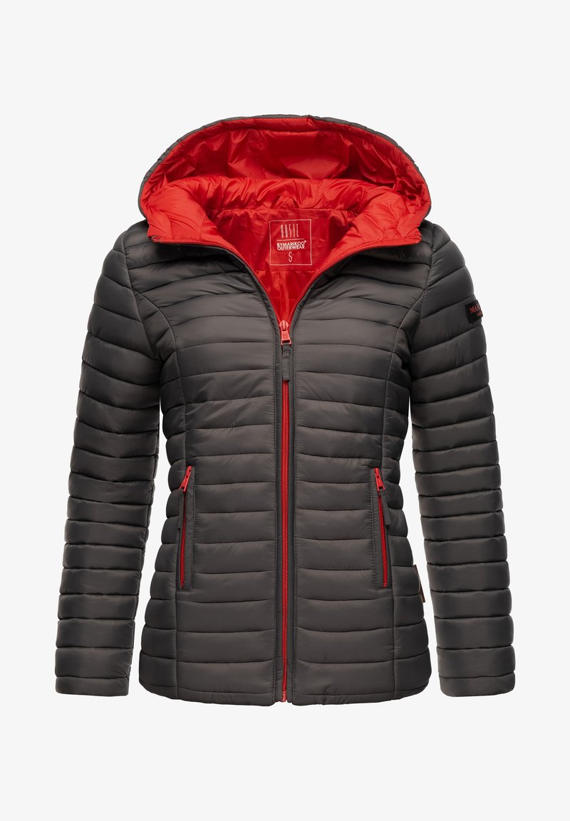 Doudoune avec un extérieur gris et une doublure rouge. Comprend une capuche, des fermetures éclair, et deux poches latérales avec des zips rouges. Design léger.