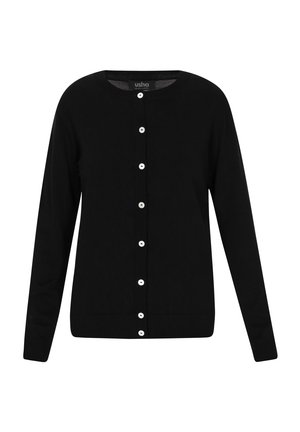 Sort cardigan lavet af blødt stof med lange ærmer, rund hals og frontlukning med hvide knapper langs stolpen.