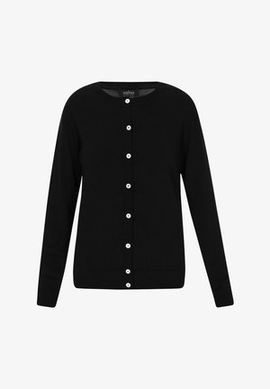 Sort cardigan lavet af blødt stof med lange ærmer, rund hals og frontlukning med hvide knapper langs stolpen.
