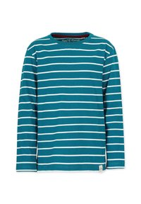 Raidallinen pitkähihaista paitaa teal-värissä ja valkoisena. Ominaisuuksiin kuuluu pyöreä kaula-aukko ja pehmeä puuvillamateriaali suoran helman ja alaosassa olevan tarratiedon kanssa.