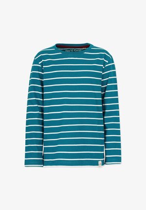 Stribet langærmet skjorte i teal og hvid. Har en rund halsudskærning og blødt bomuldsstof med en lige kant og et mærke detaljeret i bunden.
