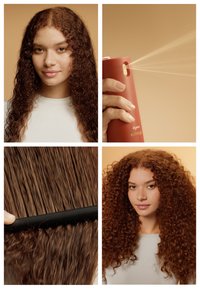 Femme aux cheveux longs et bouclés, avant et après utilisation d'un spray brumisateur pour cheveux et d'un peigne, montrant la transformation des cheveux et le produit coiffant.
