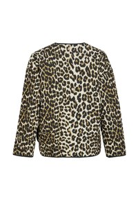 Jakna s uzorkom leoparda u crno-zlatnoj boji na krem podlozi, s okruglim izrezom i dugim rukavima. Prikaz stražnje strane.