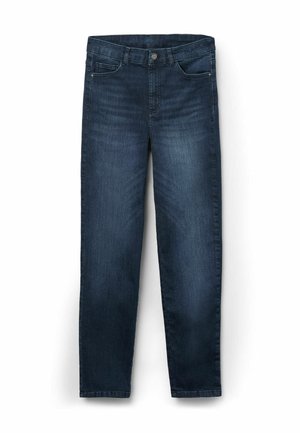 Jeans de mezclilla azul oscuro con un diseño clásico de cinco bolsillos, cierre de cremallera y botón. La tela tiene una textura suave y ligeramente desgastada.