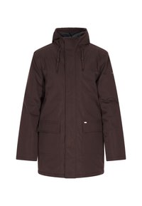 Brun vandtæt parka-jacket med høj krave, justerbar snorhætte, to frontlommer og diskret branding på ærmet.