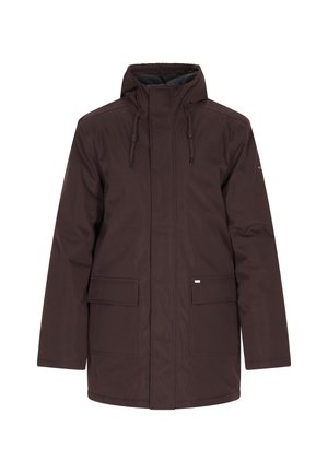Ruskean vedenpitävä parka-takki, jossa on korkea kaulus, säädettävä nyörinhupullinen huppu, kaksi etutaskua ja hillitty brändäys hihassa.