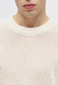 Jongere draagt een witte opengeweven trui met een geribde ronde hals, waarbij het onderste deel van het gezicht en de bovenste torso zichtbaar zijn.