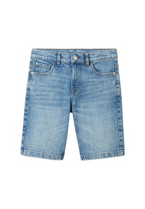 Lichtblauwe denim shorts met voorzakken, ceintuurlussen, een knoopsluiting en een vervaagd wrijfpatroon.