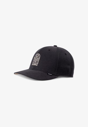 Cappello nero in tessuto con un design strutturato. Presenta un ricamo bianco in rilievo di un arco con motivi a foglia e il logo sul davanti.