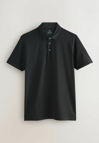 Schwarzes Polohemd aus glattem Baumwollstoff mit Kragen, Knopfleiste mit drei Knöpfen und kurzen Ärmeln, das über ein schlankes Design verfügt.