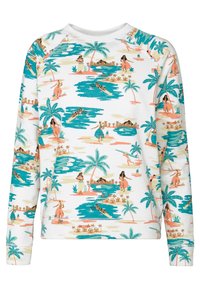 Sweat-shirt blanc avec un motif tropical coloré comprenant des palmiers, des scènes aquatiques et des personnages en diverses activités. Tissu doux, col rond.