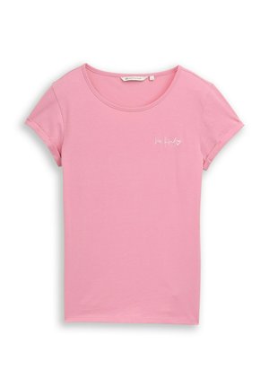 Rosa Kurzarm-T-Shirt mit umgeschlagenen Ärmeln und weißem "be kind"-Schriftzug mit Herz auf der linken Brust, Größe S.