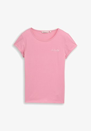 Rosa Kurzarm-T-Shirt mit umgeschlagenen Ärmeln und weißem "be kind"-Schriftzug mit Herz auf der linken Brust, Größe S.