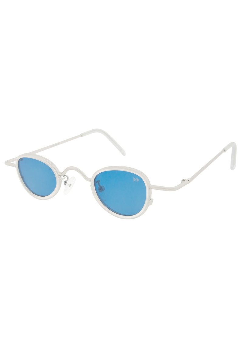 Vita ram sunglasses med blå linser, med oval form och tunna metallarmar. Lättviktig design med en minimalistisk estetik.