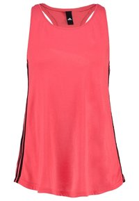 Top in rosa realizzato in tessuto leggero, caratterizzato da un collo rotondo, design racerback e strisce nere sui lati per un contrasto.