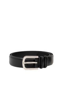 Cintura in pelle nera con una fibbia rettangolare in argento, presenta una texture morbida e un accento arrotolato vicino alla fibbia, che mette in mostra un design classico.