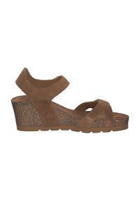 Braune Wildleder-Wedgesandalen mit Korksohle. Verfügt über Kreuzriemen und ein Knöchelriemendesign. Texturierte Oberfläche und Gummisohle für besseren Halt.
