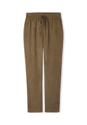 Braune Freizeithose mit elastischem Bund und Kordelzug, geraden Beinen und Seitentaschen, auf weißem Hintergrund dargestellt.