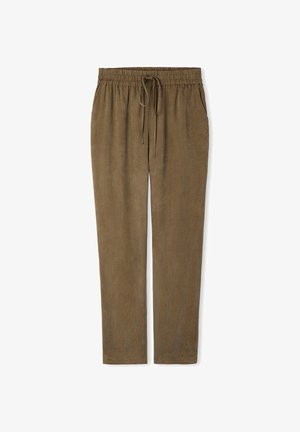Pantaloni casual marroni con vita elastica e coulisse, gambe dritte e tasche laterali, mostrati su sfondo bianco.