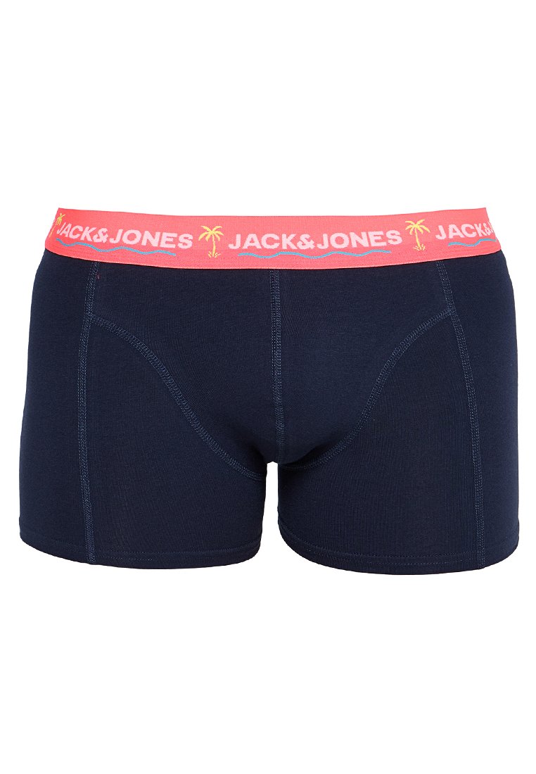 Boxer shorts bleu marine avec une ceinture rose portant le logo "JACK&JONES" et un motif de palmier, fabriqués en matériaux doux et extensibles.