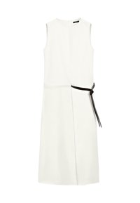 Sleeveless white dress with a side split and a black belt tied at the waist, featuring a minimalist, modern design.
