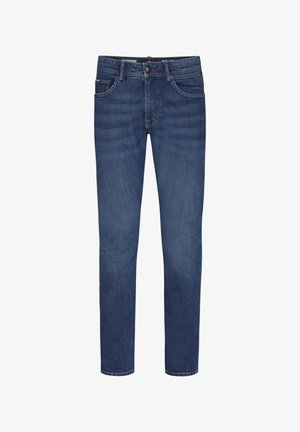 Jeans in denim blu scuro con vestibilità slim, dotati di cinque tasche, chiusura a bottoni e leggere sfumature. Il tessuto ha una consistenza liscia.