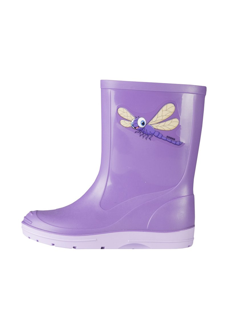 Botas de lluvia de goma moradas con un diseño de libélula en el lateral y una suela texturizada para mayor tracción. Acabado suave con punta redondeada.