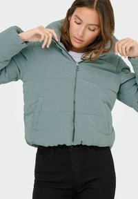 Gevoerd corduroy jasje in lichtgroen, met een ritsclosure, hoge kraag en zakken aan de zijkant. Geharst materiaal met ribbeldetails.