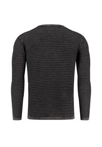 Camicia a maniche lunghe nera con righe orizzontali bianche. Materiale in cotone con una texture morbida, con colletto rotondo e design slim fit.