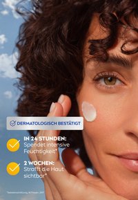 Container of a moisturizing cream applied on skin, with a light, creamy texture. Background features a blue sky with clouds. Text highlights benefits.