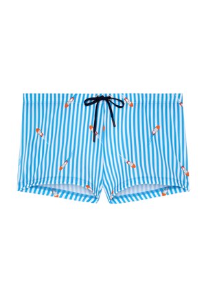 Costume da bagno a righe verticali blu e bianche con piccoli motivi di tavole da surf arancioni e bianche e coulisse nera in vita.