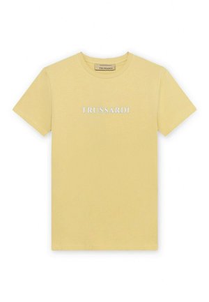 Camiseta de algodón de manga corta de color amarillo pálido con "TRUSSARDI" bordado en blanco en el centro del pecho.