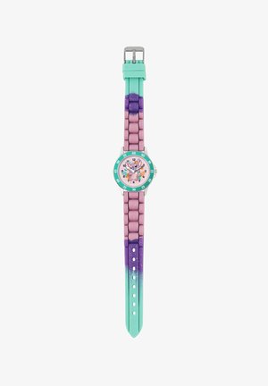 Bunte Kinderuhr mit einem runden, rosa Ziffernblatt, einer türkisfarbenen Lünette und einem mehrfarbigen Silikonarmband in Rosa, Mintgrün und Lila.