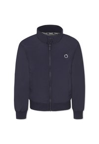 Giacca leggera blu navy con chiusura a zip, colletto alto, polsini elasticizzati e un logo discreto sul petto. Texture liscia e design minimalista.
