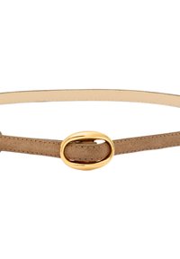 Ruskea mokkanahkavyö, jossa on sileä kultainen ovaali solki ja tyylikäs, minimalistinen muotoilu, joka korostaa puhtaita viivoja ja hienovaraista tekstuuria.