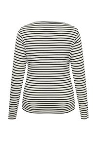 Cămașă cu mâneci lungi în dungi alb-negru, cu decolteu rotund, realizată dintr-un material moale, având dungi orizontale uniforme pe spate.